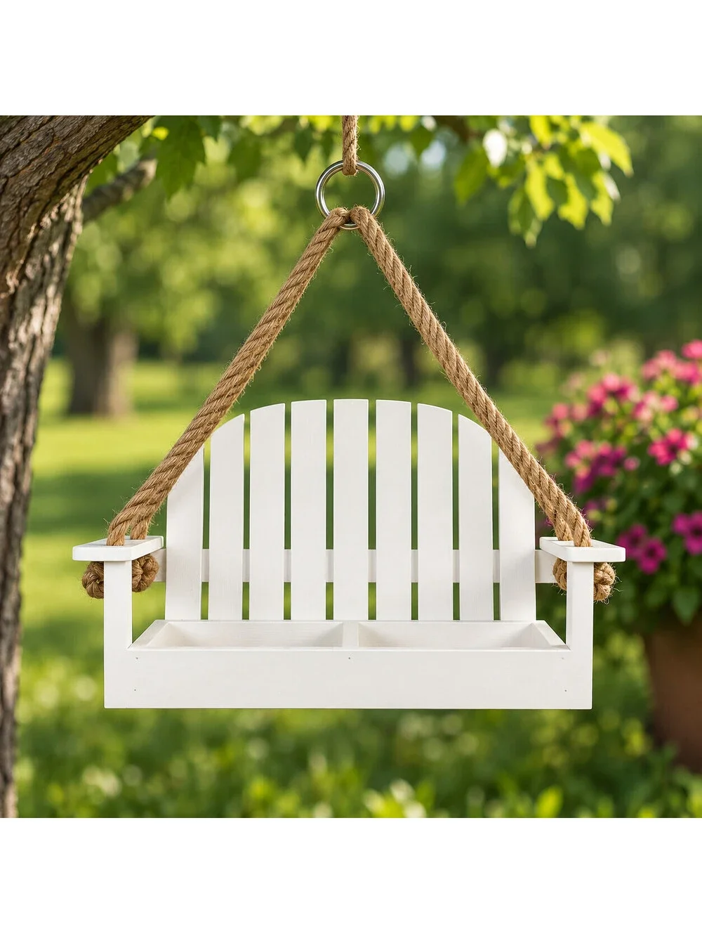 Wooden Hanging White Bird Feeder Bench Swing Seat Seed Garden Handcrafted USA